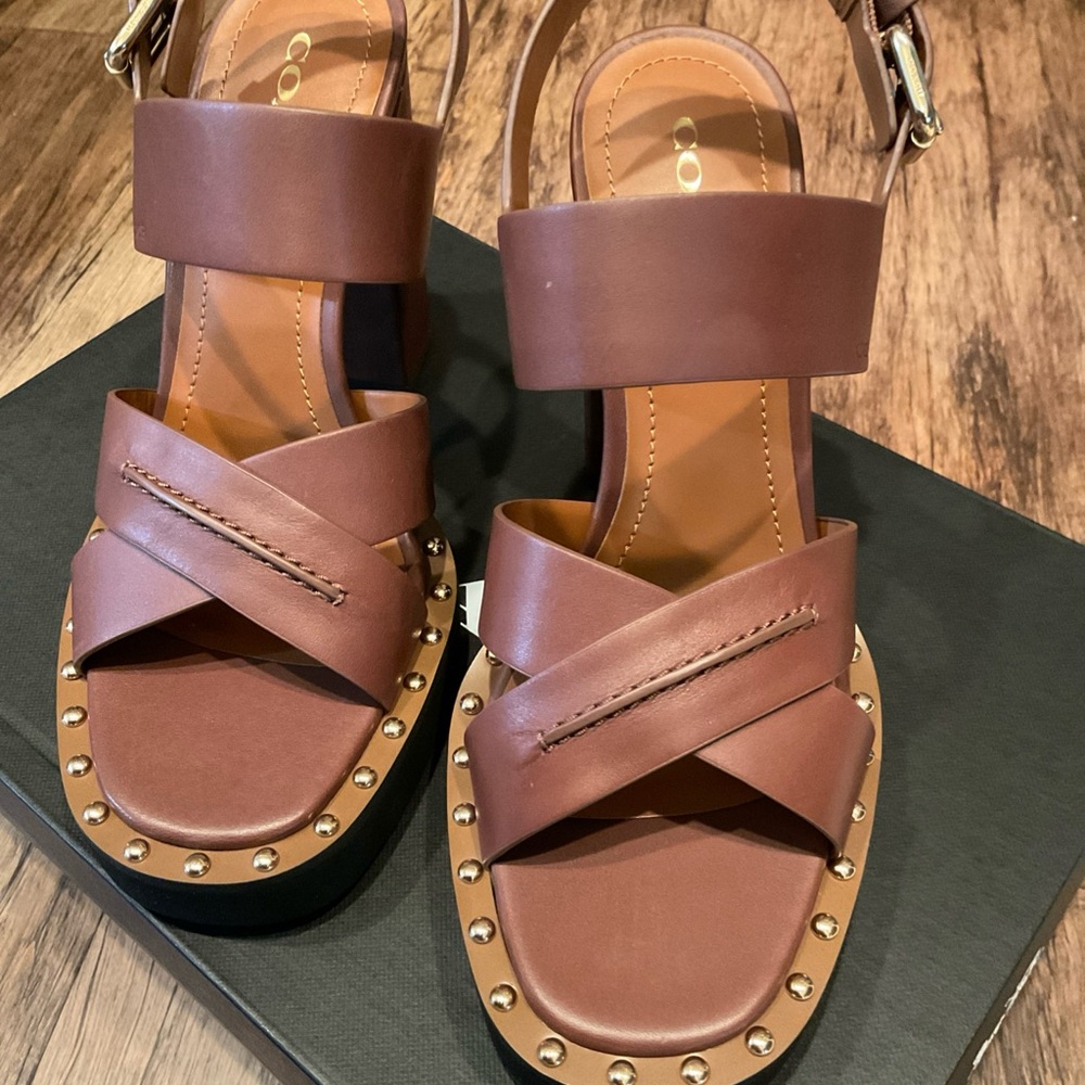 Coach Brown Leather Studded Platform Sandals - Picture 2 of 6